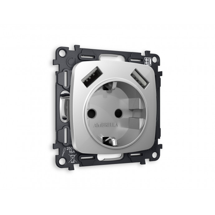 MO409010 Комплект механизма электрической розетки OMEGA Серебро глянец 2USB A+A 18W (быстрая зарядка) с/з QUANT (OP4090, VM155)