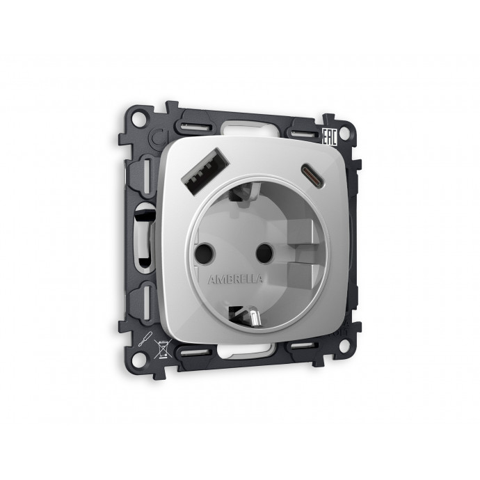 MO410010 Комплект механизма электрической розетки OMEGA Серебро глянец 2USB A+C 20W (быстрая зарядка) с/з QUANT (OP4100, VM160)