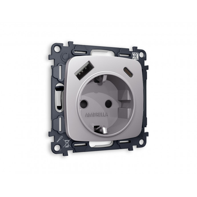 MO510010 Комплект механизма электрической розетки OMEGA Сталь матовый 2USB A+C 20W (быстрая зарядка) с/з QUANT (OP5100, VM160)