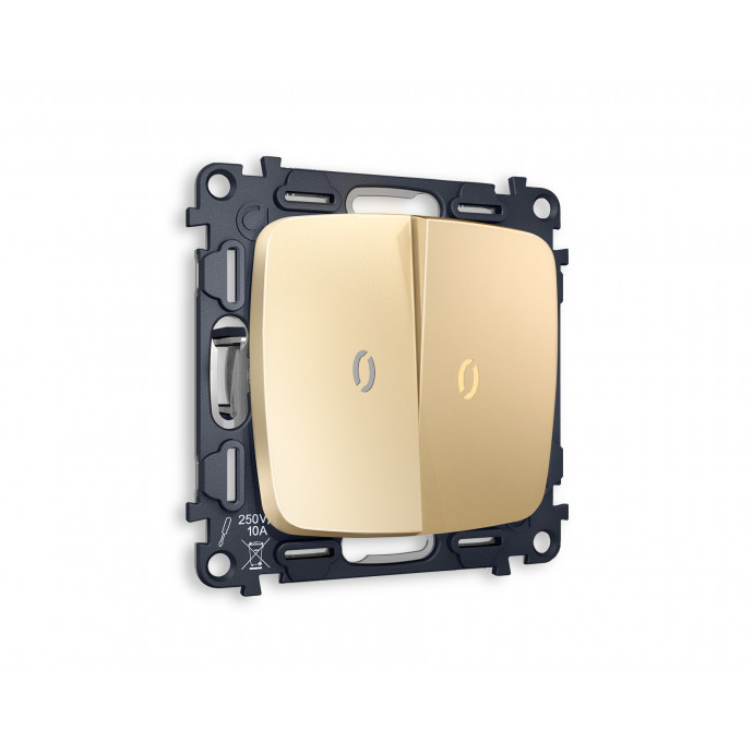 MO604030 Комплект механизма 2-кл проходного выключателя с подсветкой 3200K OMEGA Шампань QUANT (OP6040, VM120, G22Y)