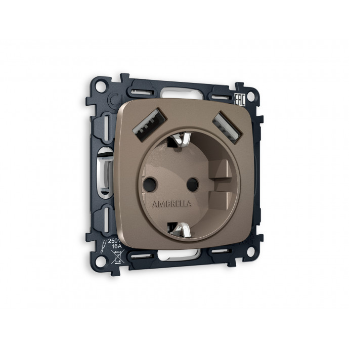 MO639010 Комплект механизма электрической розетки OMEGA Темная бронза матовый 2USB A+A 18W (быстрая зарядка) с/з QUANT (OP6390, VM155)