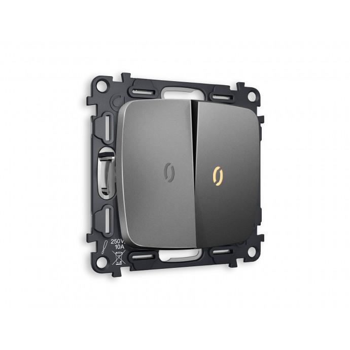 MO654010 Комплект механизма 2-кл выключателя с подсветкой 3200K OMEGA Антрацит серый QUANT (OP6540, VM115, G11Y)