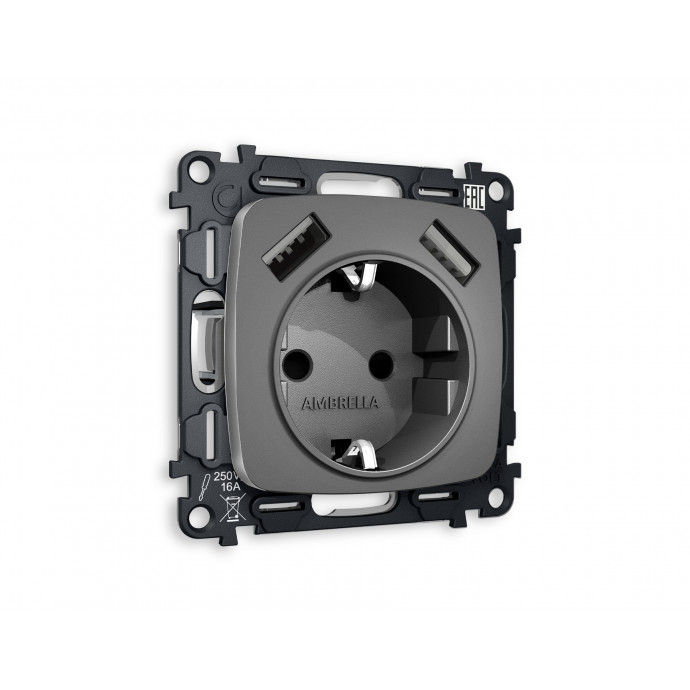 MO659010 Комплект механизма электрической розетки OMEGA Антрацит серый 2USB A+A 18W (быстрая зарядка) с/з QUANT (OP6590, VM155)