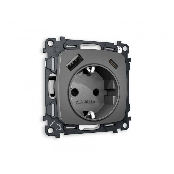 MO660010 Комплект механизма электрической розетки OMEGA Антрацит серый 2USB A+C 20W (быстрая зарядка) с/з QUANT (OP6600, VM160)