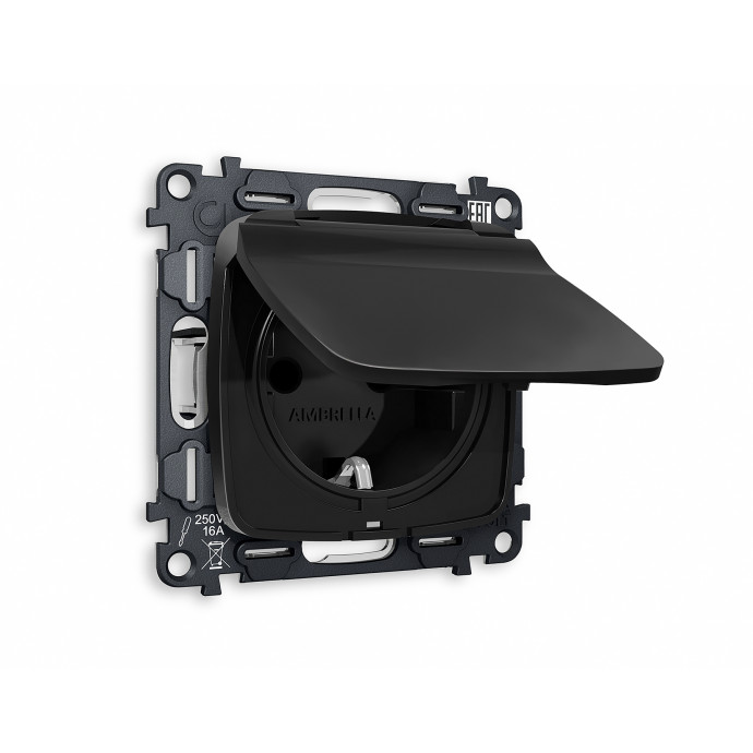 MO808010 Комплект механизма электрической розетки OMEGA Черный матовый с/з с шторками и крышкой IP44 QUANT (OP8080, VM141)