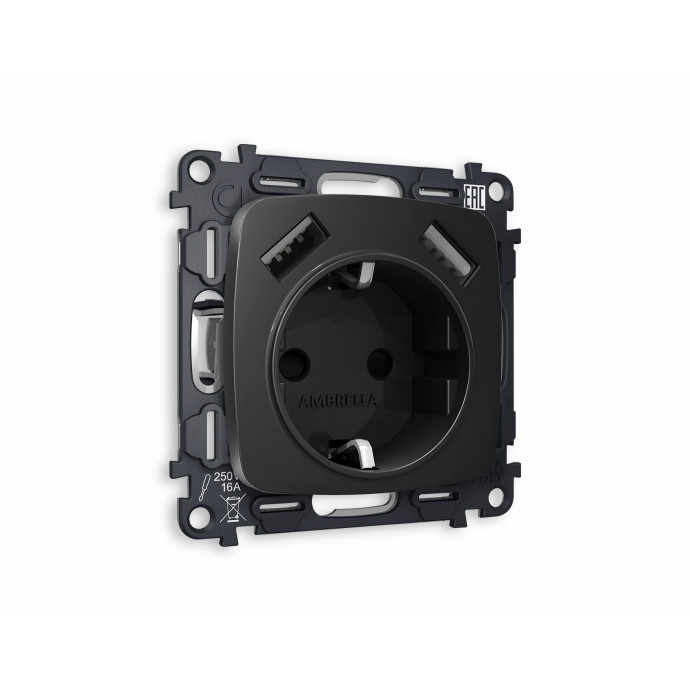 MO809010 Комплект механизма электрической розетки OMEGA Черный матовый 2USB A+A 18W (быстрая зарядка) с/з QUANT (OP8090, VM155)