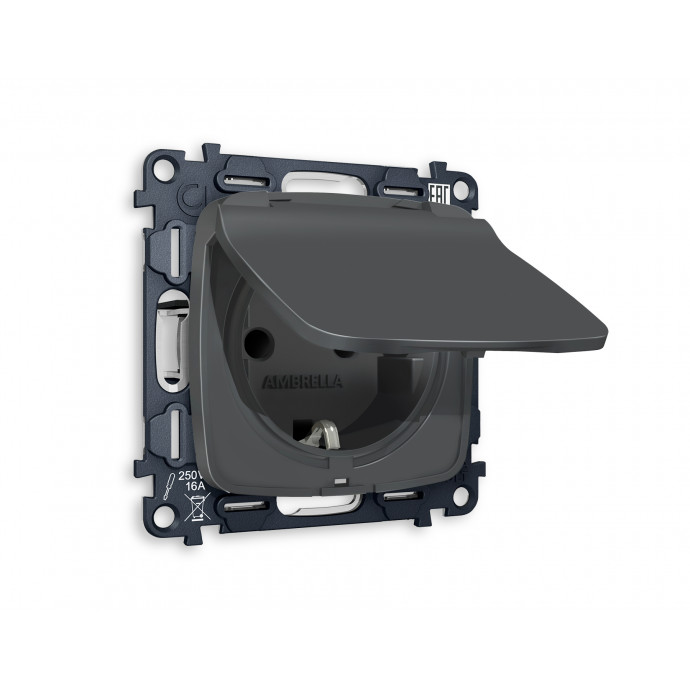 MO908010 Комплект механизма электрической розетки OMEGA Графит мягкое касание с/з с шторками и крышкой IP44 QUANT (OP9080, VM141)