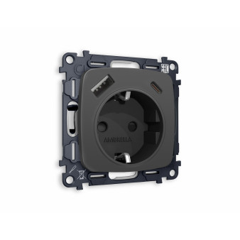 MO910010 Комплект механизма электрической розетки OMEGA Графит мягкое касание 2USB A+C 20W (быстрая зарядка) с/з QUANT (OP9100, VM160)