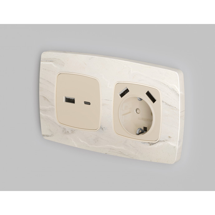 OP3290 Лицевая панель OMEGA (Бежевый матовый) для электрической розетки с/з со шторками 2USB A+A QUANT