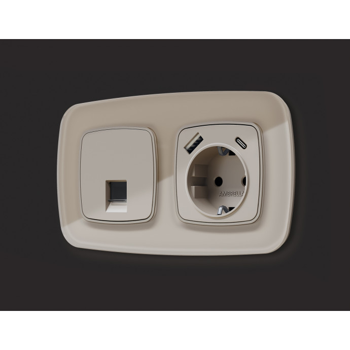 OP3700 Лицевая панель OMEGA (Серо-бежевый матовый) для электрической розетки с/з со шторками 2USB тип A+C QUANT