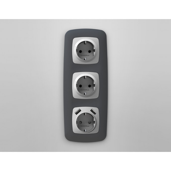 OP4090 Лицевая панель OMEGA (Серебро глянец) для электрической розетки с/з со шторками 2USB A+A QUANT