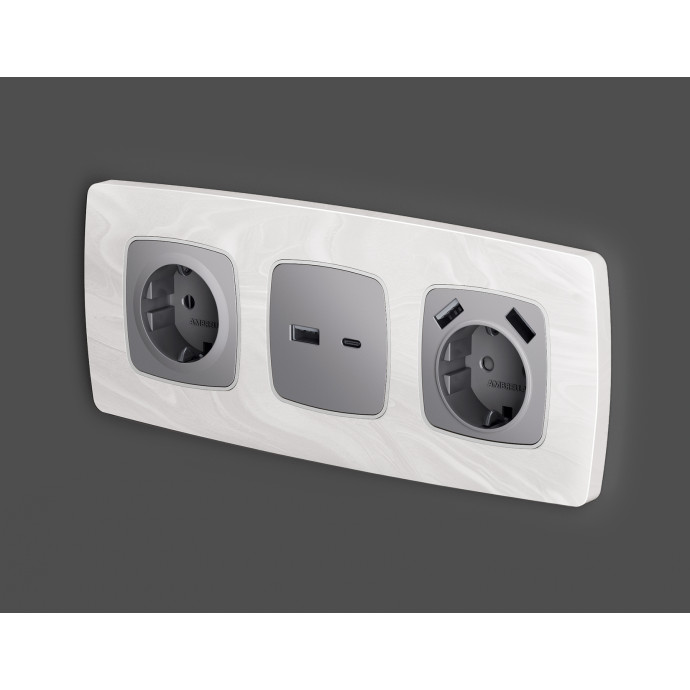 OP5090 Лицевая панель OMEGA (Сталь матовый) для электрической розетки с/з со шторками 2USB A+A QUANT