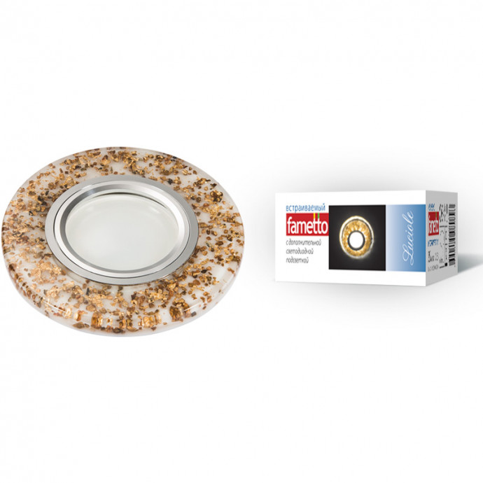 DLS-L108 GU5.3 CHROME/WHITE Светильник декоративный встраиваемый, серия Luciole. Без лампы. Доп.подсветка 3Вт. Металл, цвет хром. Отделка белый полимер с частицами цвета кофе. ТМ Fametto.