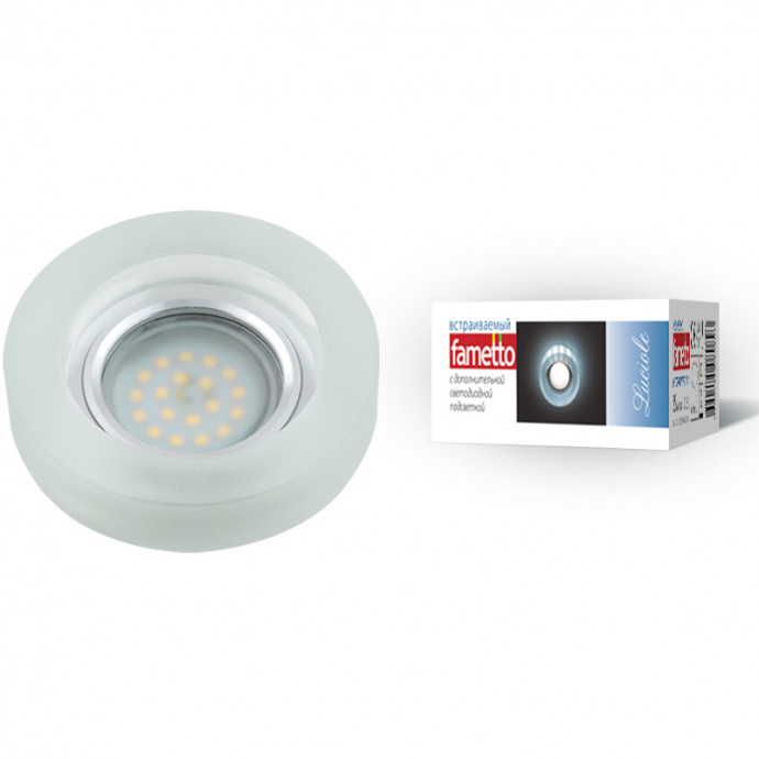 DLS-L110 GU5.3 CHROME/MATT CLEAR Светильник декоративный встраиваемый, серия Luciole. Без лампы, цоколь GU5.3. Доп. светодиодная подсветка 3Вт. Металл/стекло. Хром/матовый+прозрачный. ТМ Fametto