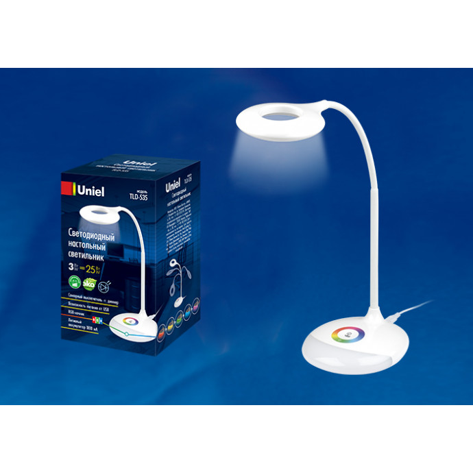 TLD-535 White/LED/250Lm/5500K/Dimmer Светильник настольный с ночником RGB, 4W. Встроенный аккумулятор 1800mAh. Сенсорный выключатель. Белый. TM Uniel.