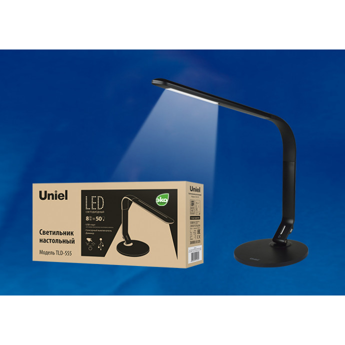 TLD-555 Black/LED/500Lm/5500K/Dimmer/USB Светильник настольный, 8W. Сенсорный выключатель. Черный. ТМ Uniel