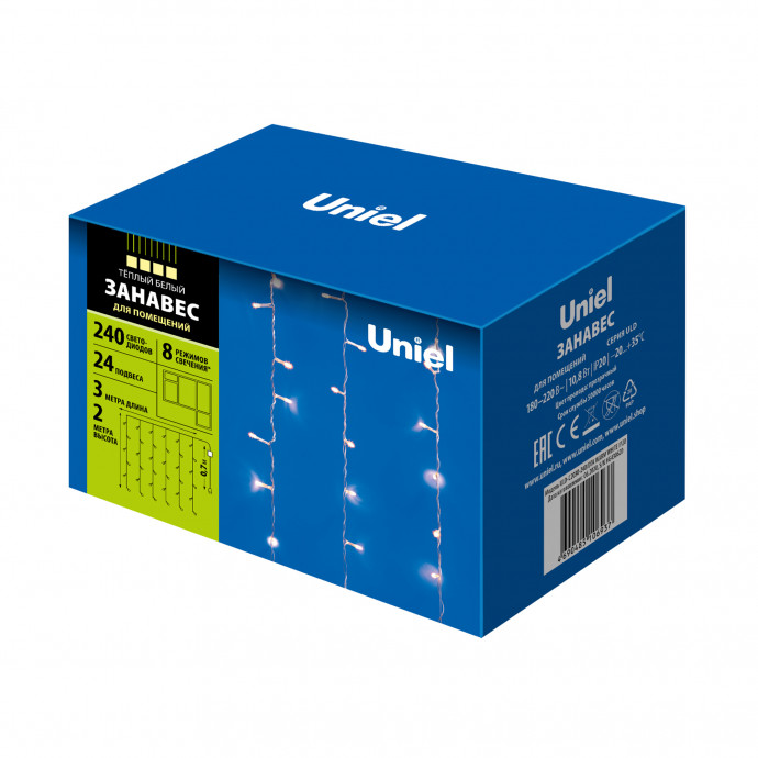 ULD-C2030-240/DTA WARM WHITE IP20 Занавес светодиодный, 3х2м, 240 светодиодов, Теплый белый свет. Провод прозрачный. TM Uniel.