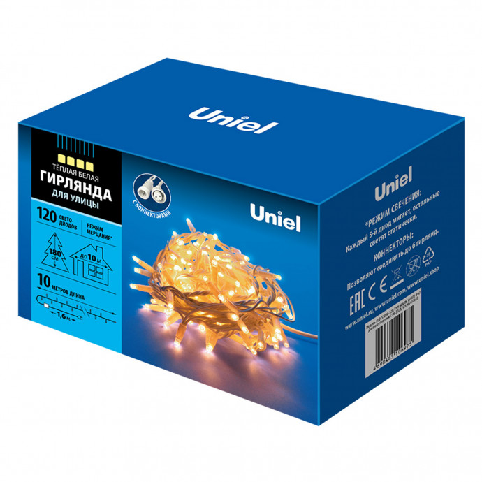 ULD-S1000-120/TWK WARM WHITE IP67 Гирлянда светодиодная с эффектом мерцания, 10м. Соединяемая. 120 светодиодов. Теплый белый свет. Провод белый. TM Uniel.