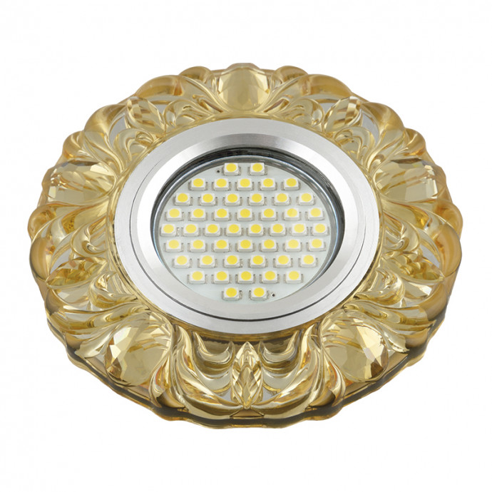 DLS-L136 GU5.3 GLASSY/YELLOW Светильник декоративный встраиваемый, серия Luciole. Без лампы, цоколь GU5.3. Доп. светодиодная подсветка 3Вт.Стекло. Зеркальный/светло-желтый. ТМ Fametto