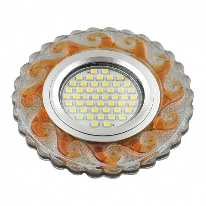 DLS-L139 GU5.3 GLASSY/TEA Светильник декоративный встраиваемый, серия Luciole. Без лампы, GU5.3. Доп. светодиодная подсветка 3Вт. Стекло. Зеркальный/прозрачный+светло-коричневый. ТМ Fametto