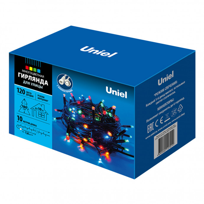 ULD-S1000-120/TBK MULTI IP67 Гирлянда светодиодная с эффектом мерцания, 10м. Соединяемая. 120 светодиодов. Разноцветный свет. Провод черный. TM Uniel.