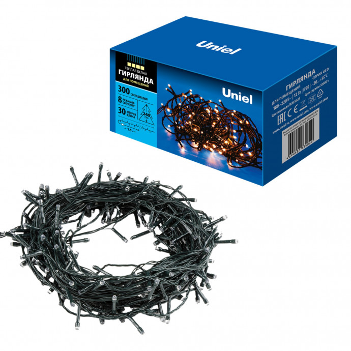 ULD-S3000-300/DGA WARM WHITE IP20 Гирлянда светодиодная, 30м. 300 светодиодов. Теплый белый свет. Провод зеленый. ТМ Uniel