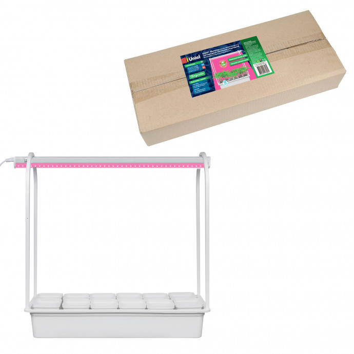 ULT-P34-10W/SPBR IP20 WHITE 12 Набор «Минисад», светильник для растений светодиодный с подставкой. Спектр для рассады и досвечивания в период роста. 12 кашпо в/к, белые. TM Uniel