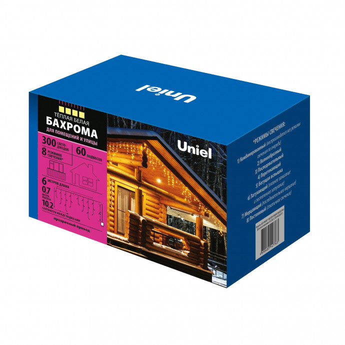 ULD-B6007-300/DTA WARM WHITE IP44 Бахрома светодиодная, 6м. 300 светодиодов. Теплый белый свет. Провод прозрачный. ТМ Uniel