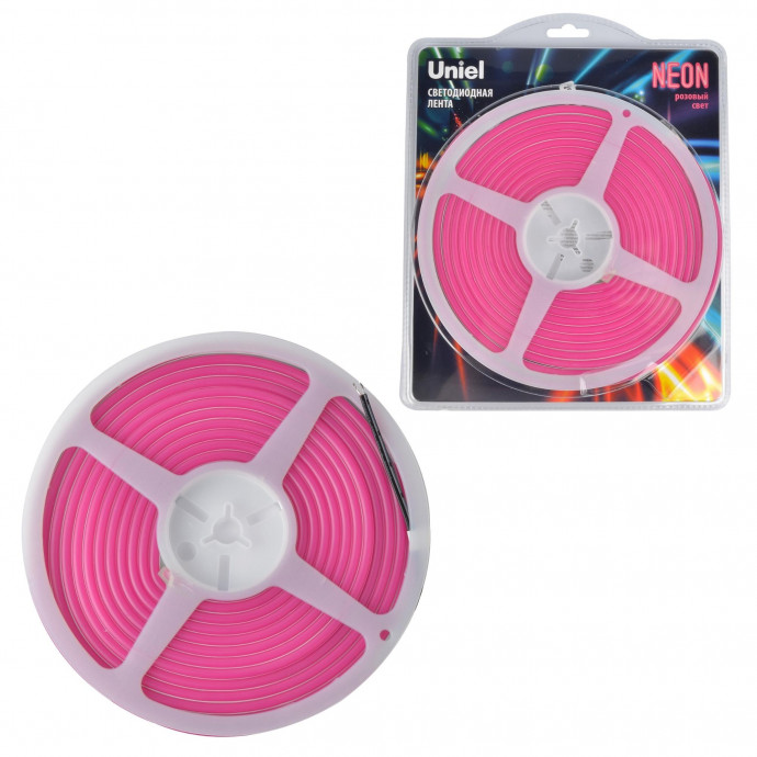 ULS-N01-2835-120LED/m-6mm-IP67-DC12V-9W/m-5M-PINK Гибкая светодиодная лента. NEON. Катушка 5м. в блистере. Розовый свет. ТМ Uniel