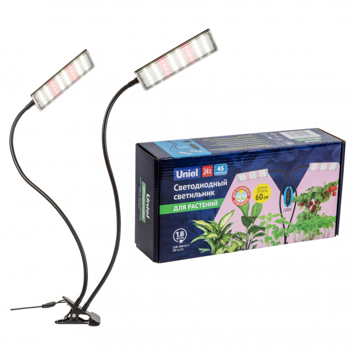 ULT-P37-24W/SPFB/TM/60 IP40 BLACK TWIN Светильник для растений светодиодный с таймером, на прищепке. Спектр для фотосинтеза. TM Uniel
