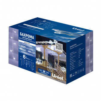 ULD-B6007-200/STK WHITE IP44 Бахрома светодиодная со статическим свечением, 6м. Соединяемая. 200 светодиодов. Белый свет. Провод прозрачный. ТМ Uniel