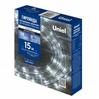 ULD-D50 15M/С08 IP44 WHITE Гирлянда светодиодная Дюралайт, 15м. Коннектор в/к. Белый свет. Провод черный. ТМ Uniel