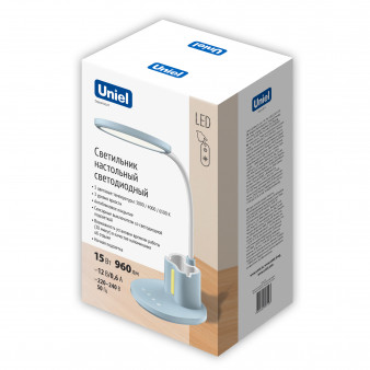 ULM-D150 15W/3000-6500K/DIM BLUE Светильник настольный светодиодный с подставкой под телефон и канцелярские принадлежности. С ночной подсветкой. Сенсорный выключатель. Диммер. Голубой. TM Uniel