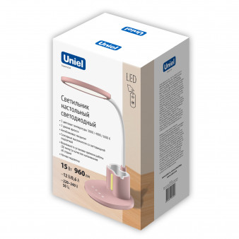 ULM-D150 15W/3000-6500K/DIM PINK Светильник настольный светодиодный с подставкой под телефон и канцелярские принадлежности. С ночной подсветкой. Сенсорный выключатель. Диммер. Розовый. TM Uniel