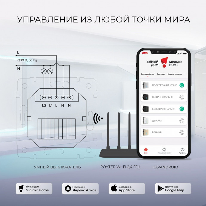 Умный сенсорный выключатель двухклавишный (шампань) W4523011