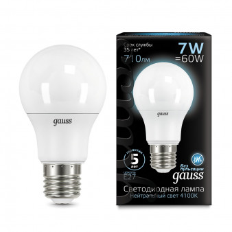 102502207 Лампа Gauss LED A60 E27 7W 4100K 1/40, шт