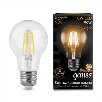 102802110 Лампа Gauss LED Filament A60 E27 10W 2700K 1/20/40, шт