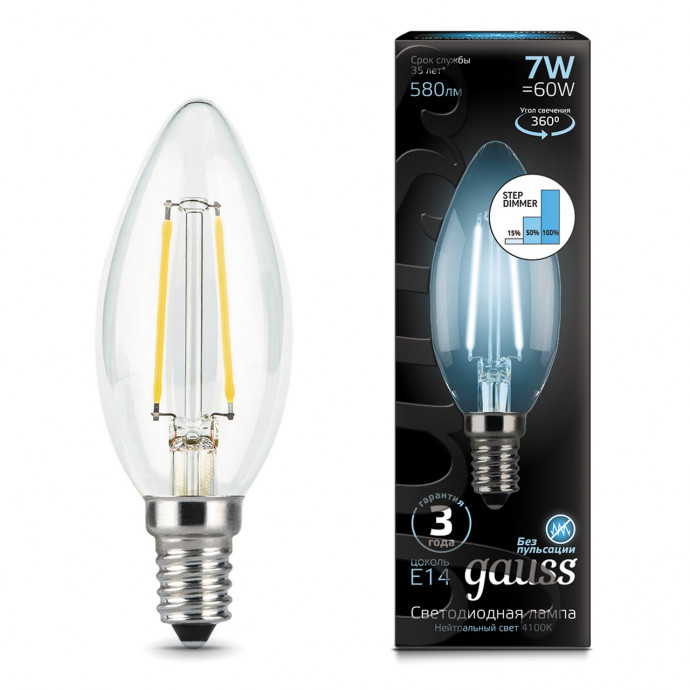 103801207-S Лампа Gauss LED Filament  Candle E14 7W 580lm 4100K step dimmable 1/10/50, шт
