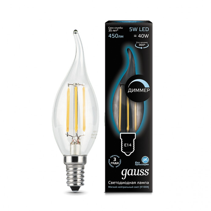 104801205-D Лампа Gauss LED Filament Свеча на ветру dimmable E14 5W 450lm 4100K 1/10/50